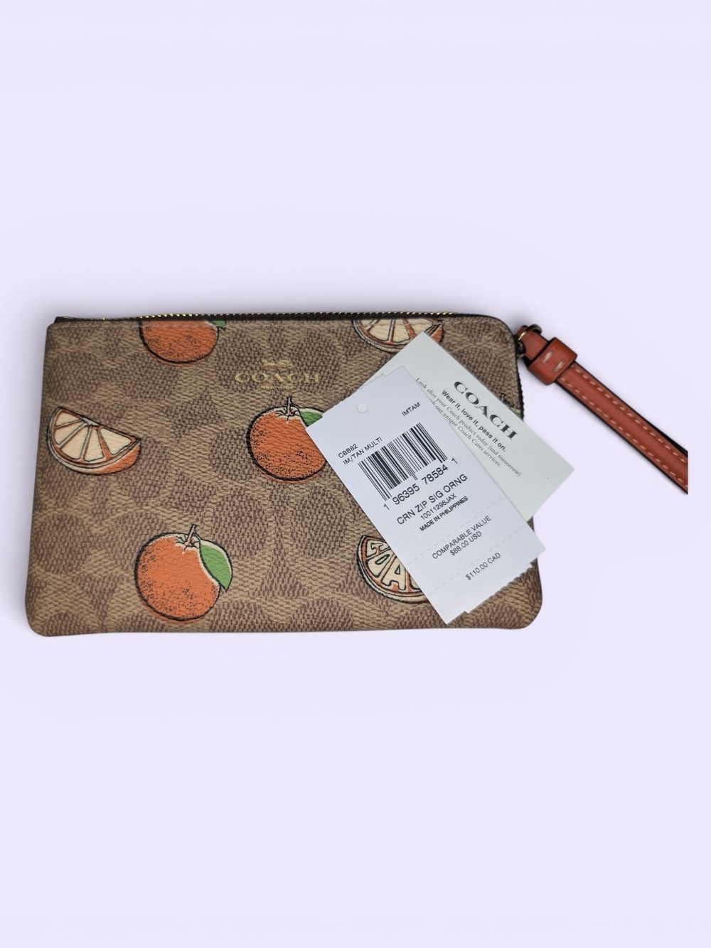 COACH Brown Signature Orange Print Wristlet Pouch - Picture 3 of 4